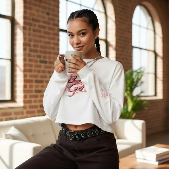 Baby Girl Z White Cropped Long Sleeve Tee Red Pink Graphic Logo Y2K Streetwear M - Picture 2 of 7